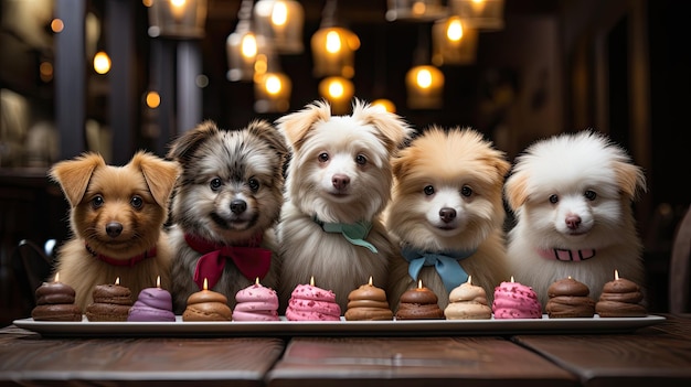 Cuccioli di cane che indossano abiti carini con messaggi di buon compleanno