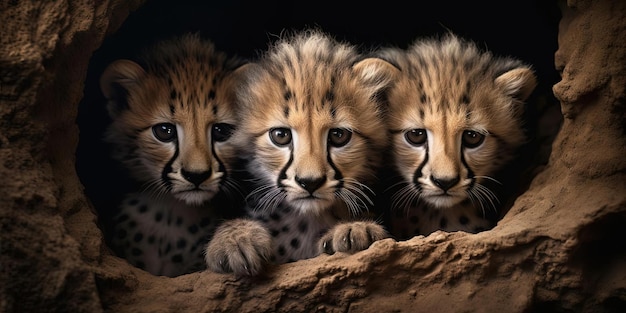 cuccioli di ghepardo che escono da un buco in stile realistico