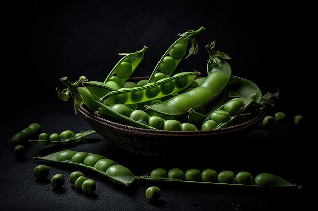 Cuccioli di pisello verde in una tazza su uno sfondo scuro