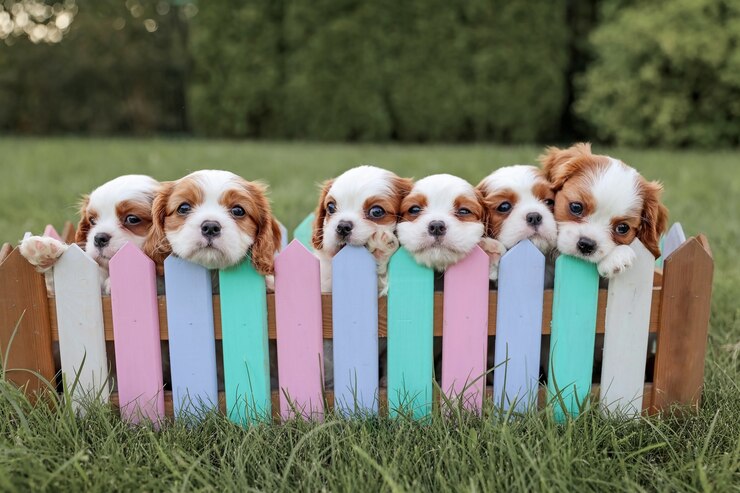 Cuccioli King Charles Spaniel in un cesto sullo sfondo della natura nella calda estate