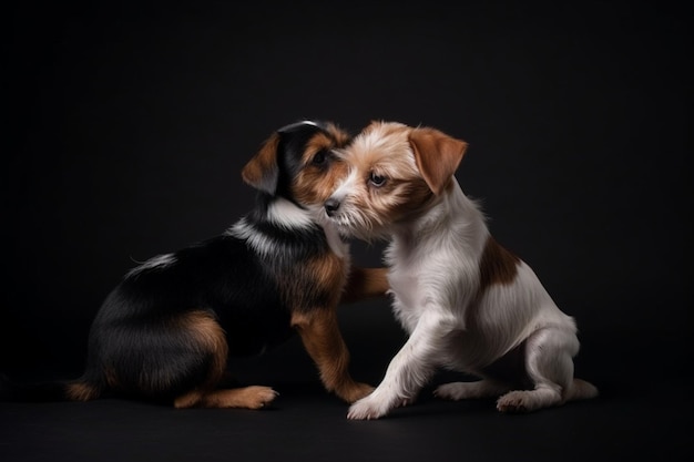 Cuccioli o animali domestici bianchi e neri che giocano sullo sfondo grigio sembrano attenti e giocosi