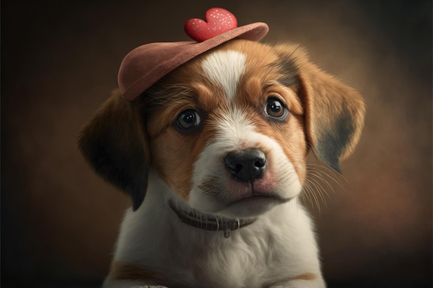 Cucciolo amabile con buffo cappello a forma di cuore Primo piano al chiuso Colore di sfondo Concetto di amore e terness IA generativa