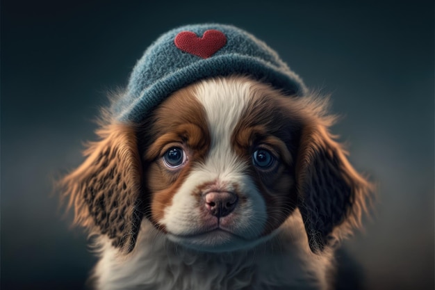 Cucciolo amabile con buffo cappello a forma di cuore Primo piano al chiuso Colore di sfondo Concetto di amore e terness IA generativa
