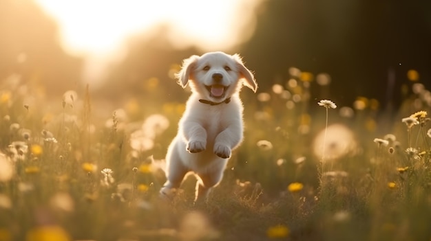 Cucciolo carino che corre nel campo dei fiori