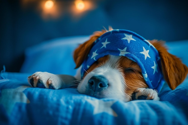 Cucciolo carino che dorme nel letto e indossa una maschera blu con stelle per dormire