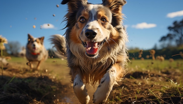 Cucciolo carino che gioca all'aperto, corre e salta nel prato generato dall'intelligenza artificiale