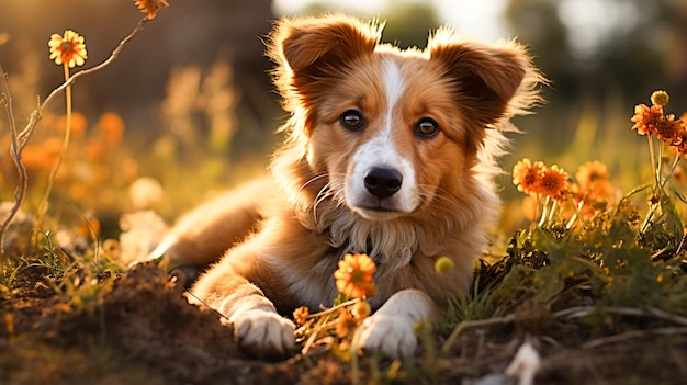 Cucciolo carino che gioca nell'erba circondato da una natura meravigliosa