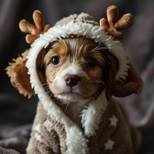 Cucciolo carino in un costume da renna di Natale invernale su uno sfondo scuro