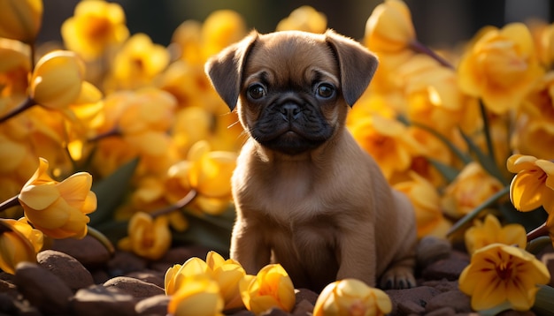 Cucciolo carino seduto sull'erba guardando il fiore giallo generato dall'intelligenza artificiale