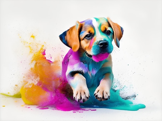 Cucciolo che gioca in un colorato colore dell'acqua sporco con spruzzi di colore IA generativa