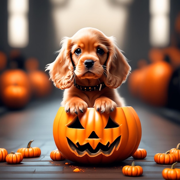 cucciolo con orecchie grandi vicino alla zucca di Halloween sul tavolo e sullo sfondo bianco