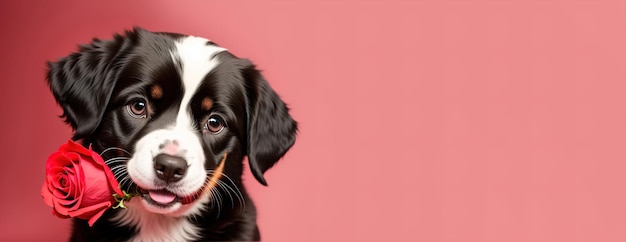 Cucciolo con un fiore in bocca su sfondo rosa panoramico IA generativa
