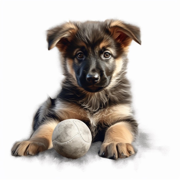 cucciolo con una palla su uno sfondo bianco ai generativa