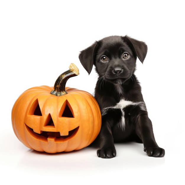 Cucciolo con zucca di Halloween isolata su sfondo bianco