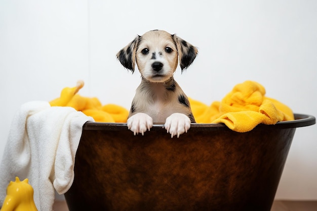 Cucciolo dentro la vasca da bagno con asciugamani gialli che fanno la doccia