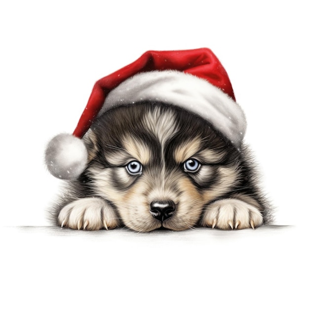 Cucciolo di Alaskan Malamute che indossa il cappello di Babbo Natale