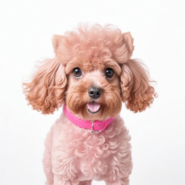 Cucciolo di barboncino toy rosa carino su sfondo bianco