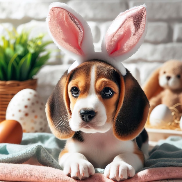 Cucciolo di Beagle che indossa orecchie da coniglio