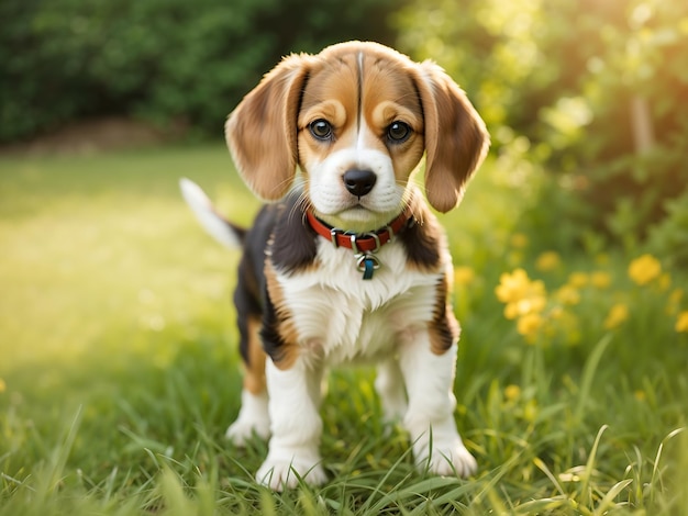 Cucciolo di beagle vecchio in piedi sull'erba verde in estate