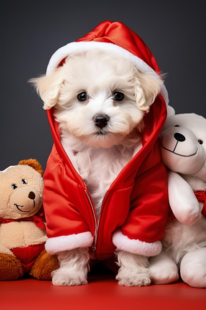 Cucciolo di Bichon Frise in abito da Babbo Natale con orsacchiotti natalizi isolati su uno sfondo sfumato