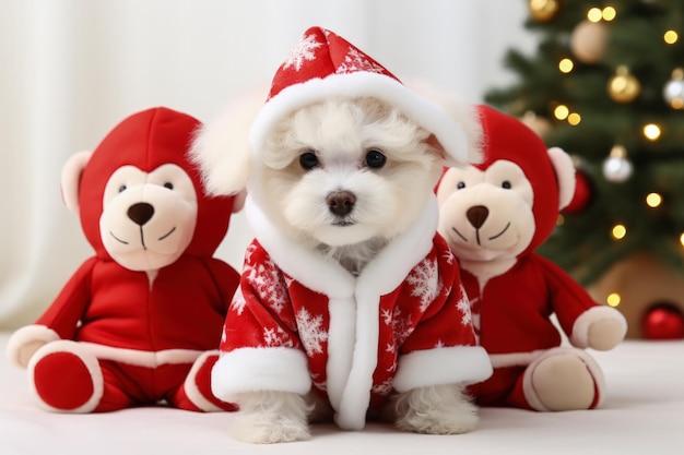 Cucciolo di Bichon Frise in un vestito di Babbo Natale con orsacchiotti di vacanza isolati su uno sfondo bianco