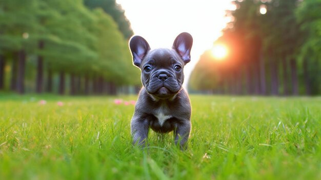 Cucciolo di bulldog francese nell'erba