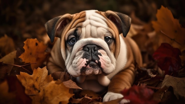 Cucciolo di bulldog in foglie d'autunno sfondo con tecnologia generativa di intelligenza artificiale