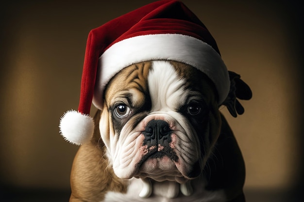 Cucciolo di bulldog in un dolce ritratto di cappello da Babbo Natale