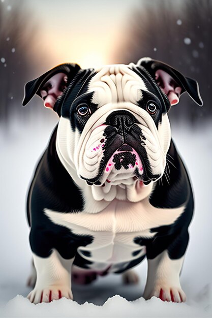 Cucciolo di bulldog inglese nella neve Ritratto di un bulldog inglese Cane carino