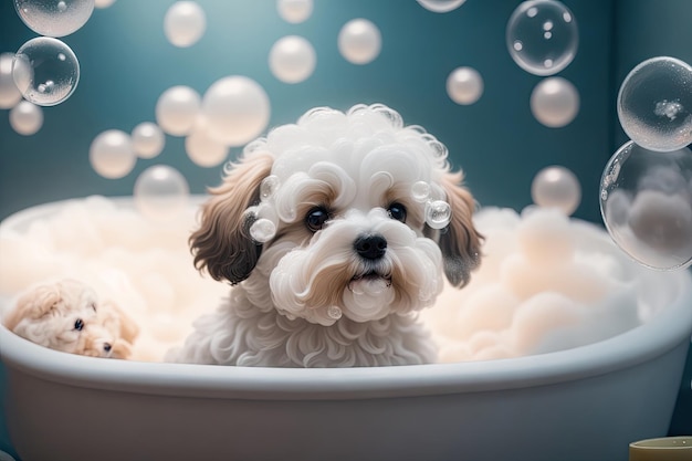 Cucciolo di cane carino nella vasca da bagno con un sapone ai generativo