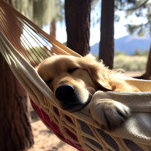 Cucciolo di cane che dorme su un'amaca con la zampa sull'IA generativa