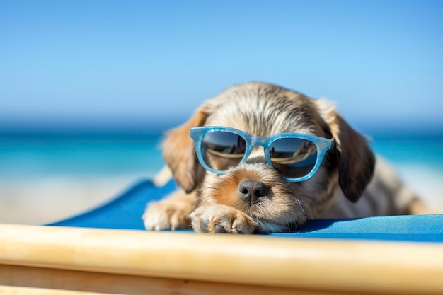 Cucciolo di cane che indossa occhiali da sole sdraiato su un lettino per prendere il sole in spiaggia mare durante le vacanze estive Concetto divertente AI Generativo