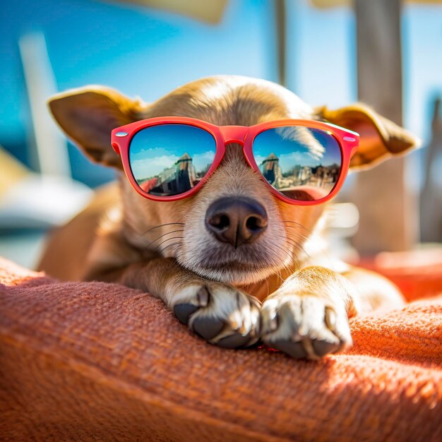 Cucciolo di cane che indossa occhiali da sole sdraiato su un lettino per prendere il sole in spiaggia mare durante le vacanze estive Concetto divertente AI Generativo