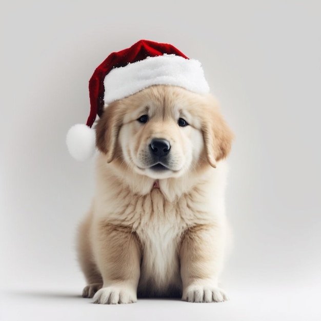 Cucciolo di cane con cappello di Natale su sfondo bianco Tecnologia generativa AI