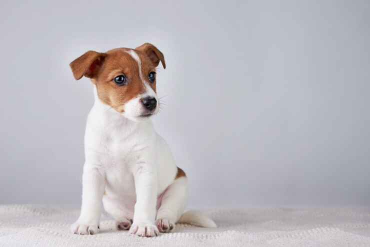 Cucciolo di cane di Jack Russel terrier sulla parete grigia