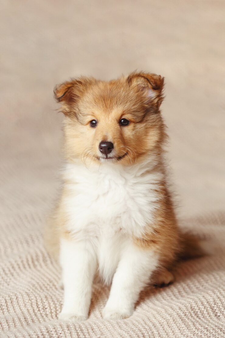 Foto cucciolo di cane lanuginoso seduto sheltie
