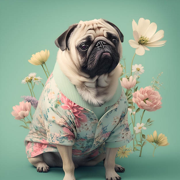 cucciolo di cane pug in kitsch fiori floreali abbigliamento vintage