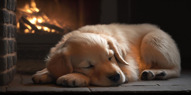 Cucciolo di cane sdraiato sul pavimento davanti a un caminetto ai generativo