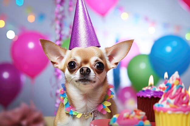 Cucciolo di cappello della festa di compleanno di Chihuahua nella sala festiva