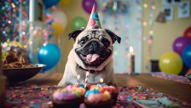 Cucciolo di carlino con cappello di compleanno che festeggia il suo compleanno simpatico cane con decorazione festiva birt felice