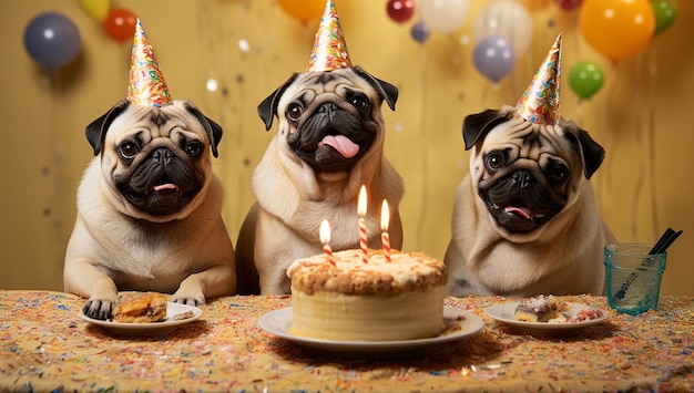 Cucciolo di carlino con cappello di compleanno che festeggia il suo compleanno simpatico cane con decorazione festiva birt felice