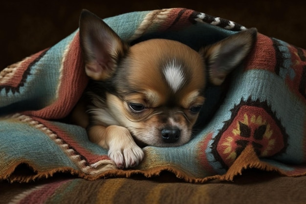 Cucciolo di chihuahua che dorme su una coperta IA generativa