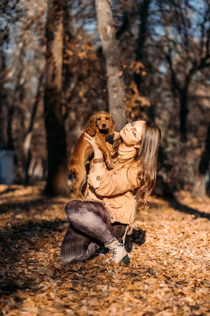 Cucciolo di cocker spaniel inglese carino per animali domestici nelle mani del proprietario nel parco autunnale