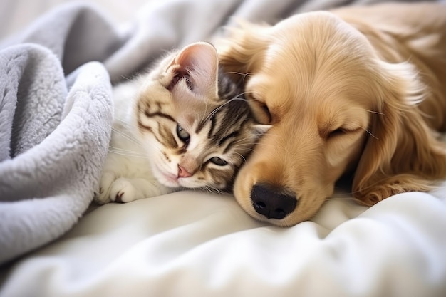 Cucciolo di Cocker spaniel inglese e coccola di gattino Gli animali domestici riposano sotto un'accogliente coperta sul letto