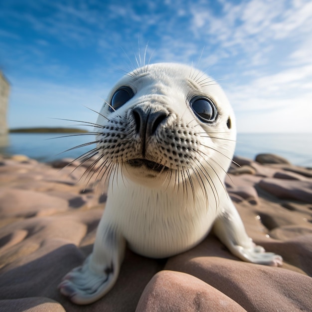 Cucciolo di foca bianca che annusa il ritratto del volto della fotocamera