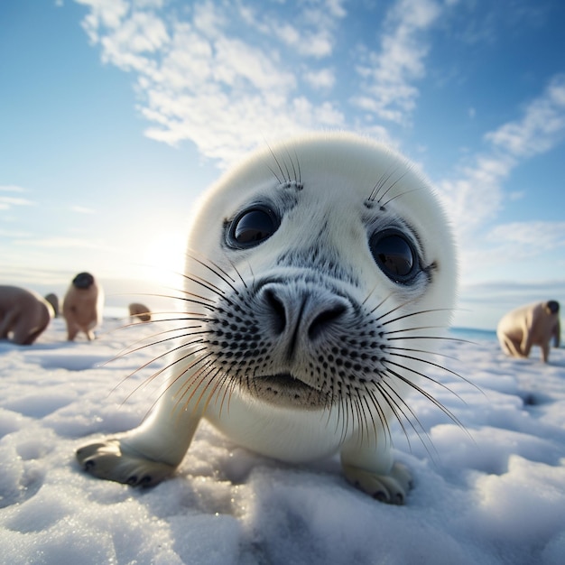 Cucciolo di foca bianca che annusa il ritratto del volto della fotocamera