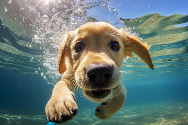 Cucciolo di golden labrador retriever che gioca e si allena sott'acqua