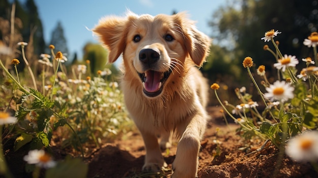 Cucciolo di Golden Retriever che cammina sulla lingua d'erba con gioia allegra