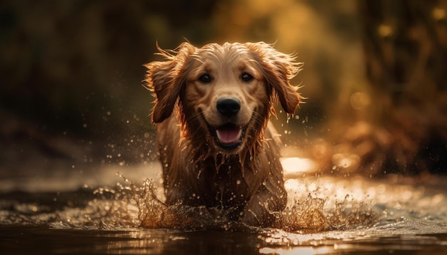 Cucciolo di golden retriever che gioca nell'acqua generata dall'intelligenza artificiale