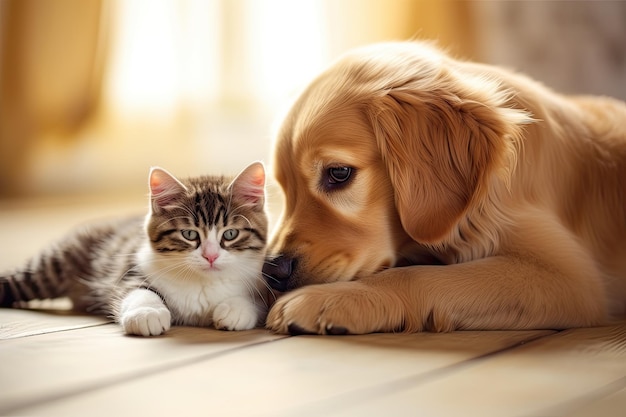 Cucciolo di Golden Retriever e gattino soriano sdraiato sul pavimento Simpatico gatto e cane Golden Retriever che giocano insieme a casa Generato dall'intelligenza artificiale